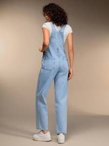 Blue Long Slim-Fit Comfortable Casual Denim Jumpsuit With Pockets - Medium Wash - View 2