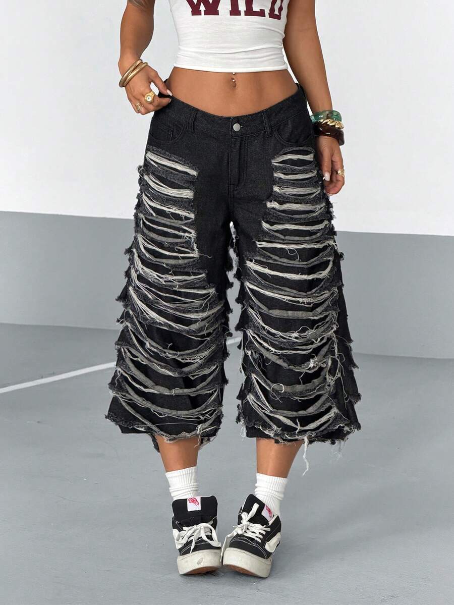 StreetHx Women's Pocket Distressed Frayed Hem Wide Leg Loose Casual 7/8 Length Jeans - Black - View 1