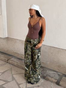 StreetHx Women's Branch Pattern Cargo Pocket Wide Leg Loose Casual Jeans - Multicolor - View 3