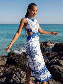 CAJUNI Women's Summer Vacation Floral Print Hollow Out Sleeveless Dress, Beach Outfit For Women Dress - Blue - View 3
