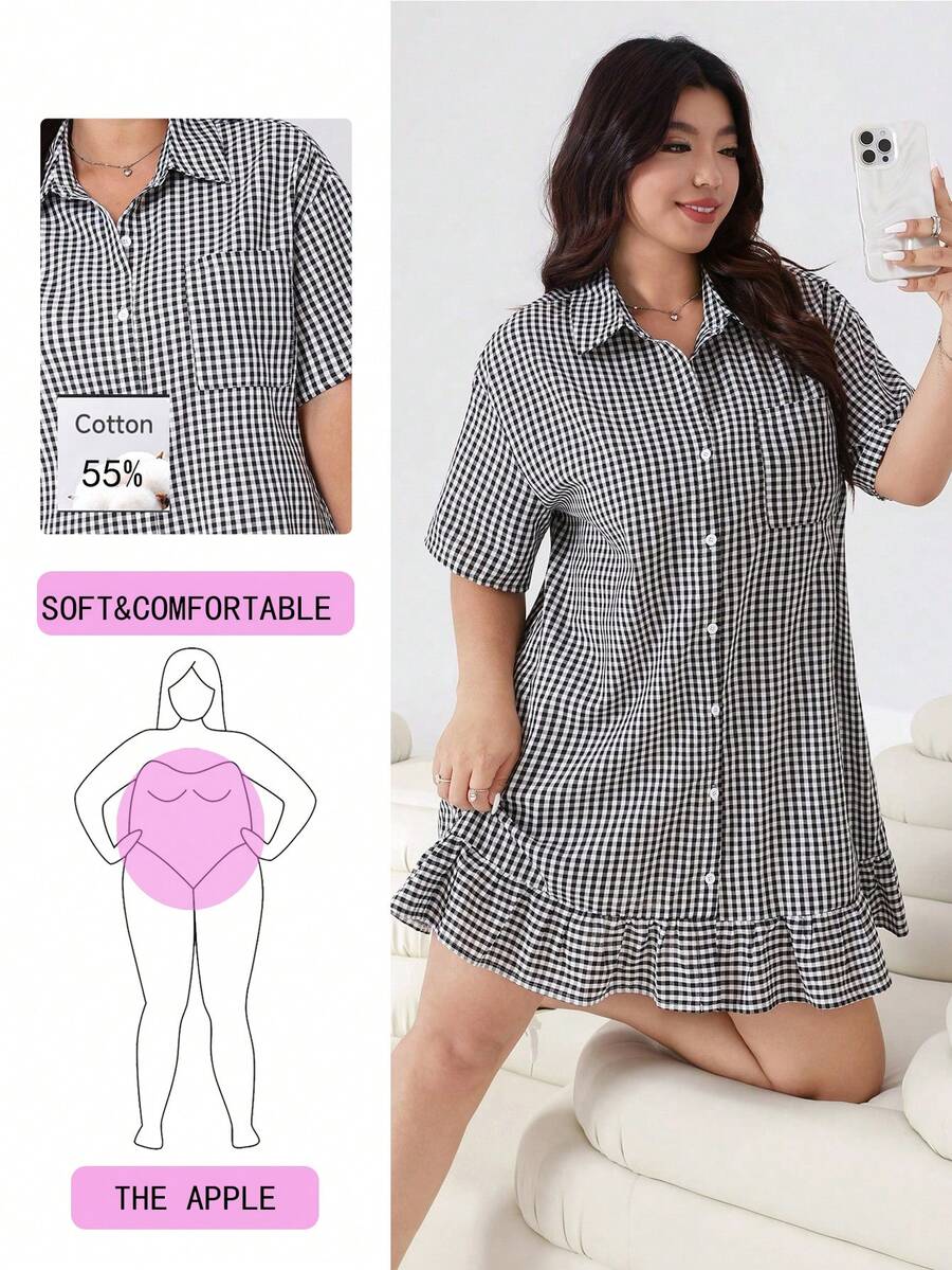 Solflare 春夏新款休闲宽松格纹荷叶边短袖衬衫裙，适合外出、日常穿着、派对、约会、生日、节日、返校、度假、新年等多种场合，可单穿或叠穿，大码尺码 - 黑與白 - 查看 1