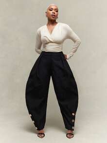 Vixey 高腰褶裥筒形裤腿，金色纽扣装饰 - 黑色 - 查看 4