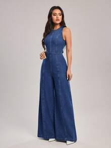 SHEIN Tall Women's Backless Twist Design Fashionable Wide Leg Sleeveless Denim Jumpsuit - Blue - View 7