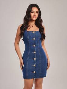 SHEIN Tall Women's Square Neck Floral Single-Breasted Sleeveless Fitted Denim Dress, Tall Women - Medium Wash - View 4