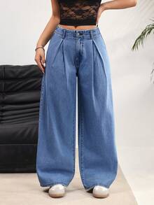 Rivivi Women's Pleated Wide Leg Loose Casual Versatile Jeans - Blue - View 1