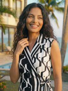 CAJUNI Women Black And White Geometric Print Lapel Collar Wrap Short Jumpsuit - Black and White - View 6