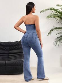 Rivivi Women's Strapless Cutout Ruched Fashion Flare Leg Denim Jumpsuit - Blue - View 2