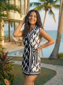 CAJUNI Women Black And White Geometric Print Lapel Collar Wrap Short Jumpsuit - Black and White - View 1