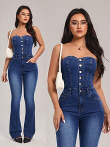 SHEIN Tall Women's Button Front Pocket Jumpsuit, Fashion Strapless Flared Denim Pants - Blue - View 1