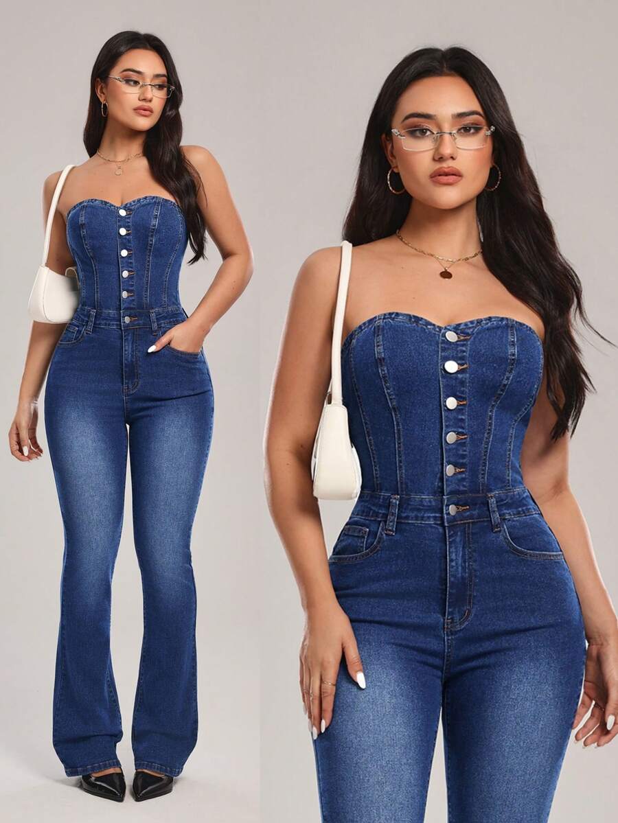 SHEIN Tall Women's Button Front Pocket Jumpsuit, Fashion Strapless Flared Denim Pants - Blue - View 1