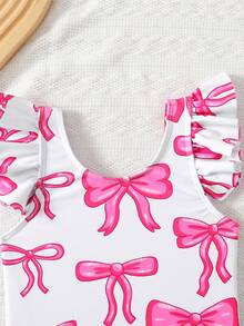 SHEIN Emery Rose Kids 女婴可爱蝴蝶结印花休闲针织荷叶袖撞色连体泳衣，夏季女婴可爱针织蝴蝶结拼接撞色吊带连体泳衣，适合夏季外出、游泳、海滩度假 - 粉色 - 查看 5