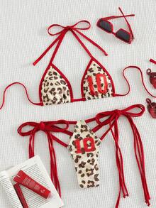 Swim SXY Set Bikini Tanpa Lengan Model Halter Motif Leopard Seksi Terbaru, Pakaian Renang Dua Potong Kombinasi Warna untuk Liburan Pantai - MultiWarna - View 4