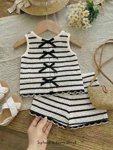 Cozy Pixies 女婴条纹撞色荷叶边无袖上衣和松紧腰短裤两件套 - 黑與白 - 查看 10