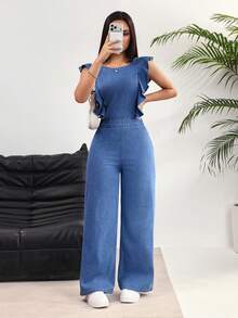 Rivivi Women's Round Neck Patchwork Ruffle Hem Fashionable Wide Leg Denim Jumpsuit - Blue - View 6
