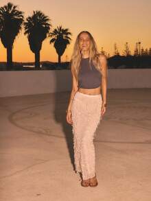 Aralina Festival Party Mesh Sequin Tube Maxi Skirt Sheer Summer Spring Swim Vacation Beach Cover Up Sexy Beige - Apricot - View 8