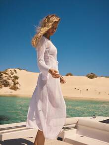 Aralina 薄纱网眼钩编针织度假节日垂坠夏季春季泳装沙滩罩衫开衩长裙性感白色 - 白色 - 查看 5