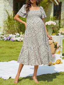 SHEIN Maternity Dress With Printed Square Collar And Ruffle Sleeves - Apricot - View 4