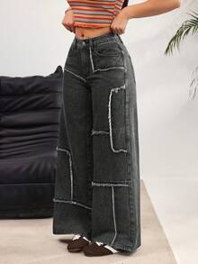 SHEIN EZwear 女士毛边斜插口袋休闲阔腿牛仔裤 - 黑色 - 查看 3