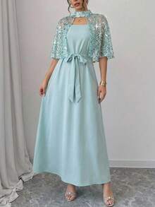 Modelyn Women's Elegant Party Sequin Mesh Shawl Arabic Style Dress Dress Modest Dusty Blue Elegant Dress - Mint Green - View 10