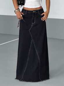 StreetHx 女士十字绣毛边休闲牛仔裙 - 黑色 - 查看 4