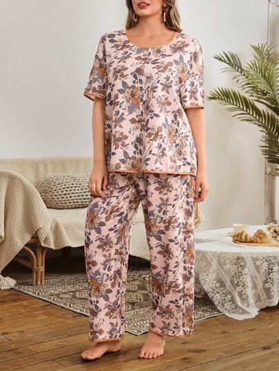 SHEIN Women's Vacation Style Casual Floral Print Round Neck Short Sleeve Pajama Set, Plus Size