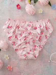 SHEIN Ditsy Floral Satin Ruffle Trim Contrast Color Bow Decor Romantic Countryside Style Comfortable Women's Briefs - Pink - View 9
