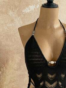 Soleia Váy len cổ rỗng đính đá quý dành cho nữ - màu đen - Xem 6