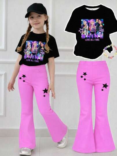 Conjunto de camiseta informal con estampado de dibujos animados para niños y pantalones acampanados