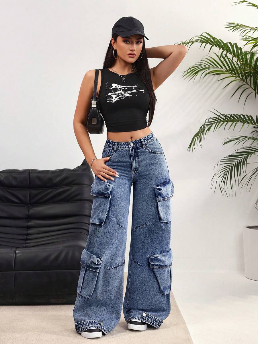 SHEIN EZwear 女士宽松工装口袋阔腿休闲牛仔裤 - 藍色 - 查看 1
