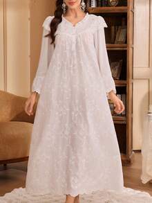 SHEIN Áo ngủ maxi dài tay màu trắng thêu ren kiểu cung đình - trắng - Xem 6