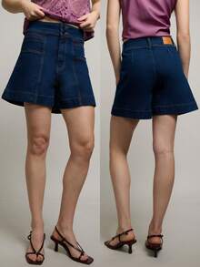 Nöista High-Waist Denim Shorts Feature Double Button Closure And Detailed Stitching. Front And Backside Two Pockets. Spring, Summer, Woman. - Dark Wash - View 4