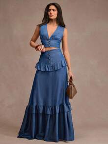 CLARA VERO Denim Ruffle Hem Button Front Vest And Maxi Skirt Set, Slim Fit, Perfect For Street Style, Weekend Brunch, Or Casual Summer Events, Made Of Soft Non-Elastic 100% Polyester Fabric - Dark Wash - View 5