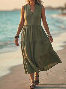 Linavere Women's Fashion Casual Sleeveless V-Neck Dress - Faux Button Design - Elegant For Commute - Suitable For Daily Wear And Travel/Vacation, Spring/Summer - Army Green - View 4