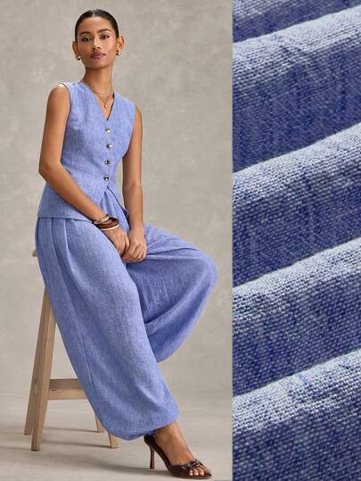 EURMUSE Women, Spring Summer, Set, Light Blue Linen Two Pieces, Linen Vest And Pants Set, Sleeveless Button Vest, V-Neck Buttoned Waistcoat, Elastic Waist Balloon Pants, Harem-Style Linen Trousers, Relaxed Fit Linen Co-Ord, Breathable Summer Linen Outfit, Casual Chic Linen Ensemble, Resort Wear Two Pieces, Minimalist Summer Co-Ord, Boho Linen Set, Beach Vacation Outfit, Lightweight Linen Trousers, High-Waist Elastic Pants