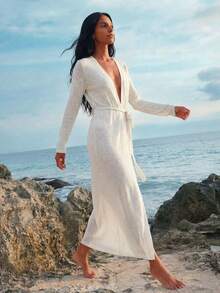 Nevyona Women's Basic Minimalist Casual Fashion Beach Cover-Up Knit Cover Up, Thin Tie-Front Long Open Front Sweater - White - View 5