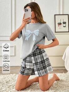 SHEIN Bow Print Detailed 2 Pieces Round Neck Short Sleeve With Shorts Casual Relaxed Black And White Color Pajama Set - Grey - View 1