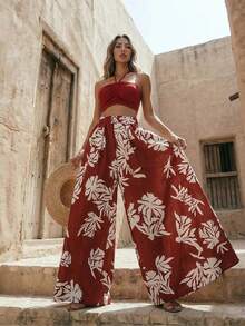 Breezaya 女士时尚优雅休闲度假复古吊带抽绳印花度假弹力腰阔腿裤两件套 - 彩色 - 查看 3