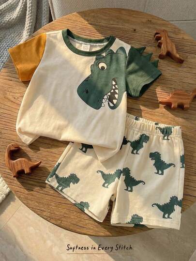 Cozy Pixies Conjunto informal de 2 piezas para bebé niño con camiseta de manga corta con cuello redondo y estampado de dinosaurio y pantalones cortos, ropa adecuada para el verano para bebé niño, conjunto de ropa de verano con dinosaurios para bebé niño, conjunto de verano para bebé niño