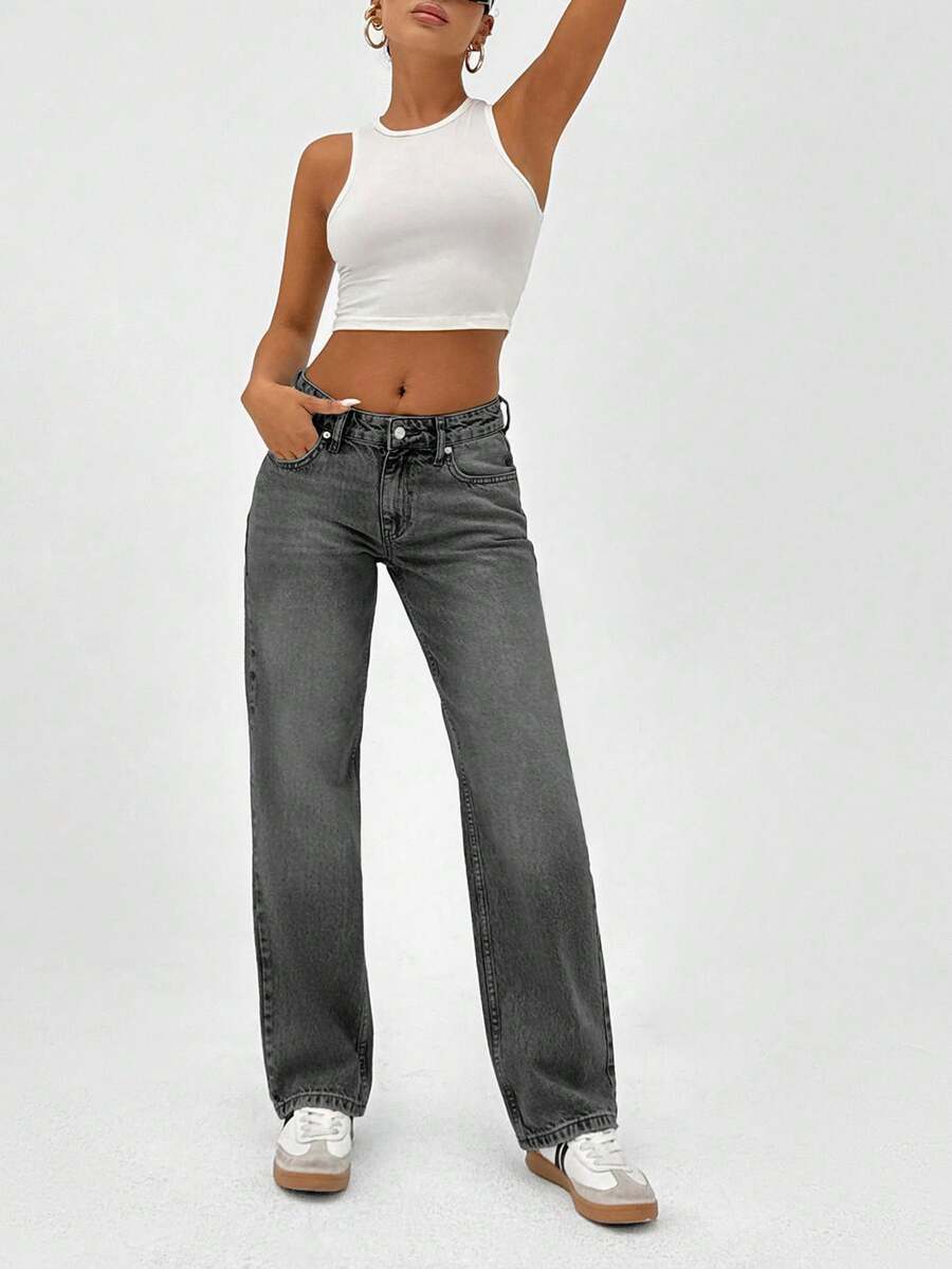 EURMUSE Petite 100% Cotton LOW RISE STRAIGHT FIT VINTAGE WASH Y2K STYLE JEAN - Dark Grey - View 1