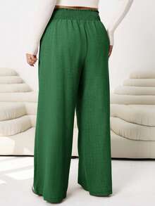Solflare 2025 Autumn/Winter New Casual Plus Size Elastic Waist Wide-Leg Pants,Sage Green,Sommar,Smart Casual,Holiday,Shirring Design For Outings,Commuting,Home - Army Green - View 2