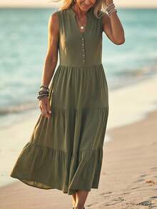 Linavere Women's Fashion Casual Sleeveless V-Neck Dress - Faux Button Design - Elegant For Commute - Suitable For Daily Wear And Travel/Vacation, Spring/Summer - Army Green - View 5
