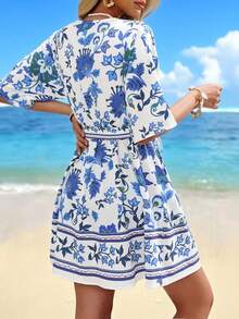 Swim Vcay Women's Summer Beach Bohemian Vacation Placement Print V-Neck Batwing Sleeve Elastic Waist Bow Decor Waist Belt Vacation Chiffon Dress,Elegant Dresses, Easter Dresses, Casual Dresses, Vacation Dresses, Country-Style Dresses, Holiday Dresses, Blue Dresses, Summer Beachwear,Women's Floral Dress, Spring Summer Picks, Clothes For Ladies - Blue - View 2