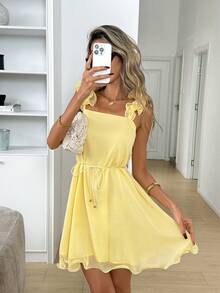 Easowa Casual Loose Elegant Commuter Vacation Ruffled Shoulder Strap Cinched Waist Bow A-Line Hem Dress, Spring/Summer For Women - Light Yellow - View 4
