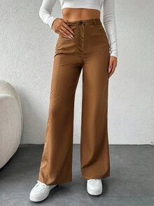 SHEIN Cottnline Solid Color Women's Straight Pants - Camel - View 2