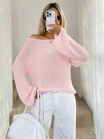 Easowa Asymmetric Shoulder Sheer Knit Sweater, Casual Loose Elegant Commute Vacation Style, Light Pink, Spring/Summer For Women Pink Sweater Pink Off Shoulder Top Knit Tops Sweater Top Off Shoulder Sweater