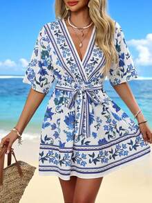 Swim Vcay Women's Summer Beach Bohemian Vacation Placement Print V-Neck Batwing Sleeve Elastic Waist Bow Decor Waist Belt Vacation Chiffon Dress,Elegant Dresses, Easter Dresses, Casual Dresses, Vacation Dresses, Country-Style Dresses, Holiday Dresses, Blue Dresses, Summer Beachwear,Women's Floral Dress, Spring Summer Picks, Clothes For Ladies - Blue - View 1