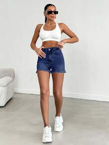 EURMUSE 100%Cotton Mini Heavy Destroy Short With Back Label Detail - Dark Wash - View 4