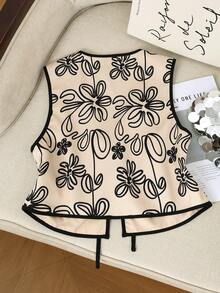 Franclia Chaleco sin mangas con cuello en V y estampado, con lazo/Chaqueta corta casual y versátil para uso diario - Albaricoque - Ver 2