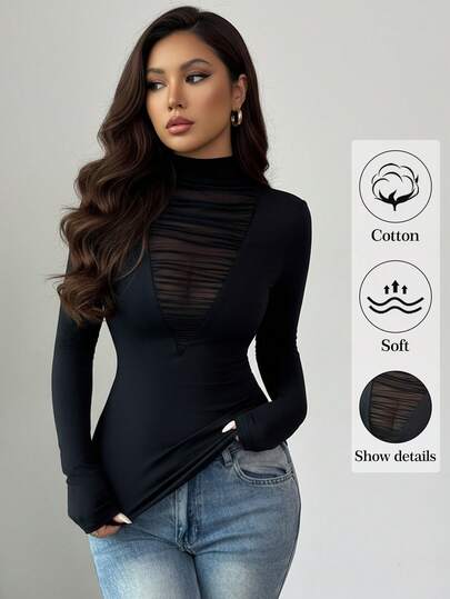 SHEIN Raffinéa Camiseta de mujer de algodón, sexy y elegante, con cuello en V, de malla transparente y con volantes, adecuada desde la primavera hasta el verano