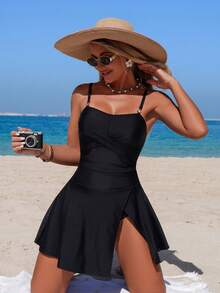 SHEIN Swim 女士优雅夏季沙滩度假交叉扭结金属装饰连体泳衣 - 黑色 - 查看 5